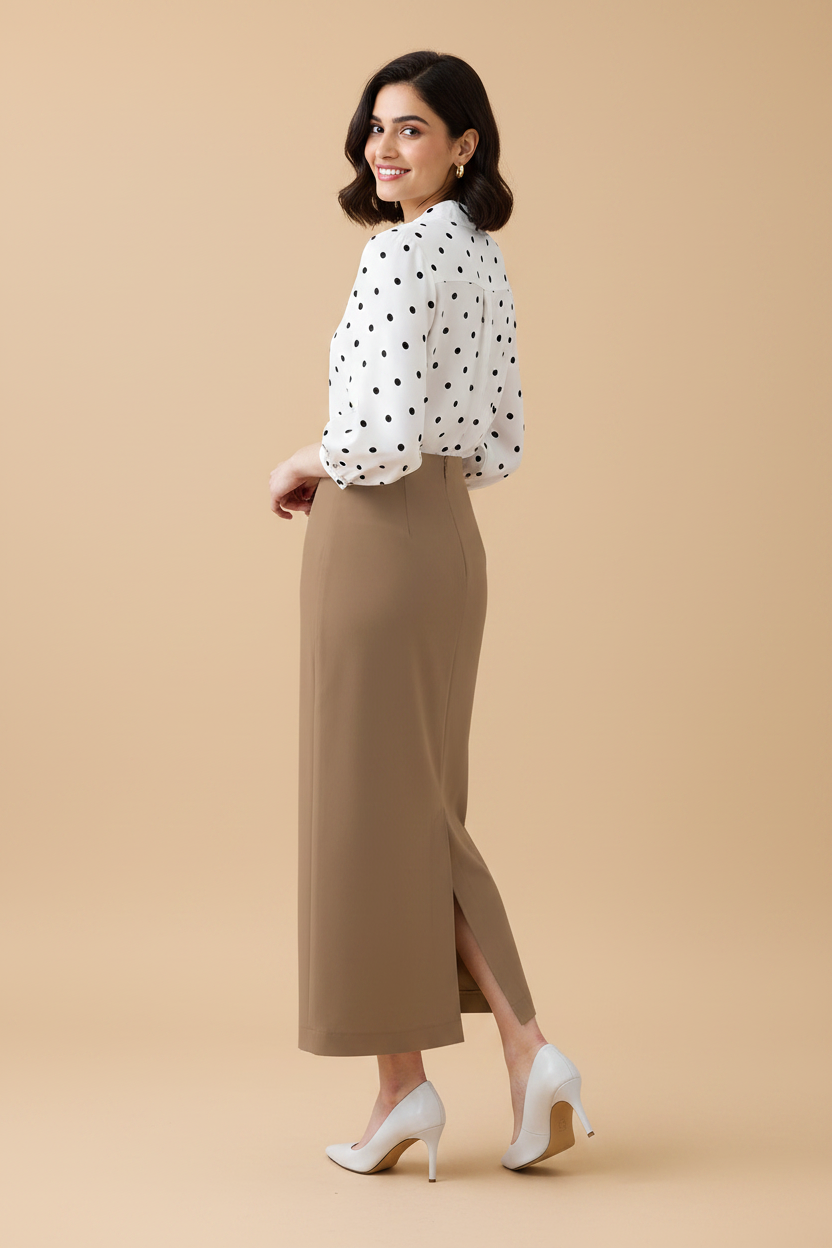 Tan Color Ankle-Length Pencil Skirt with Side Slit