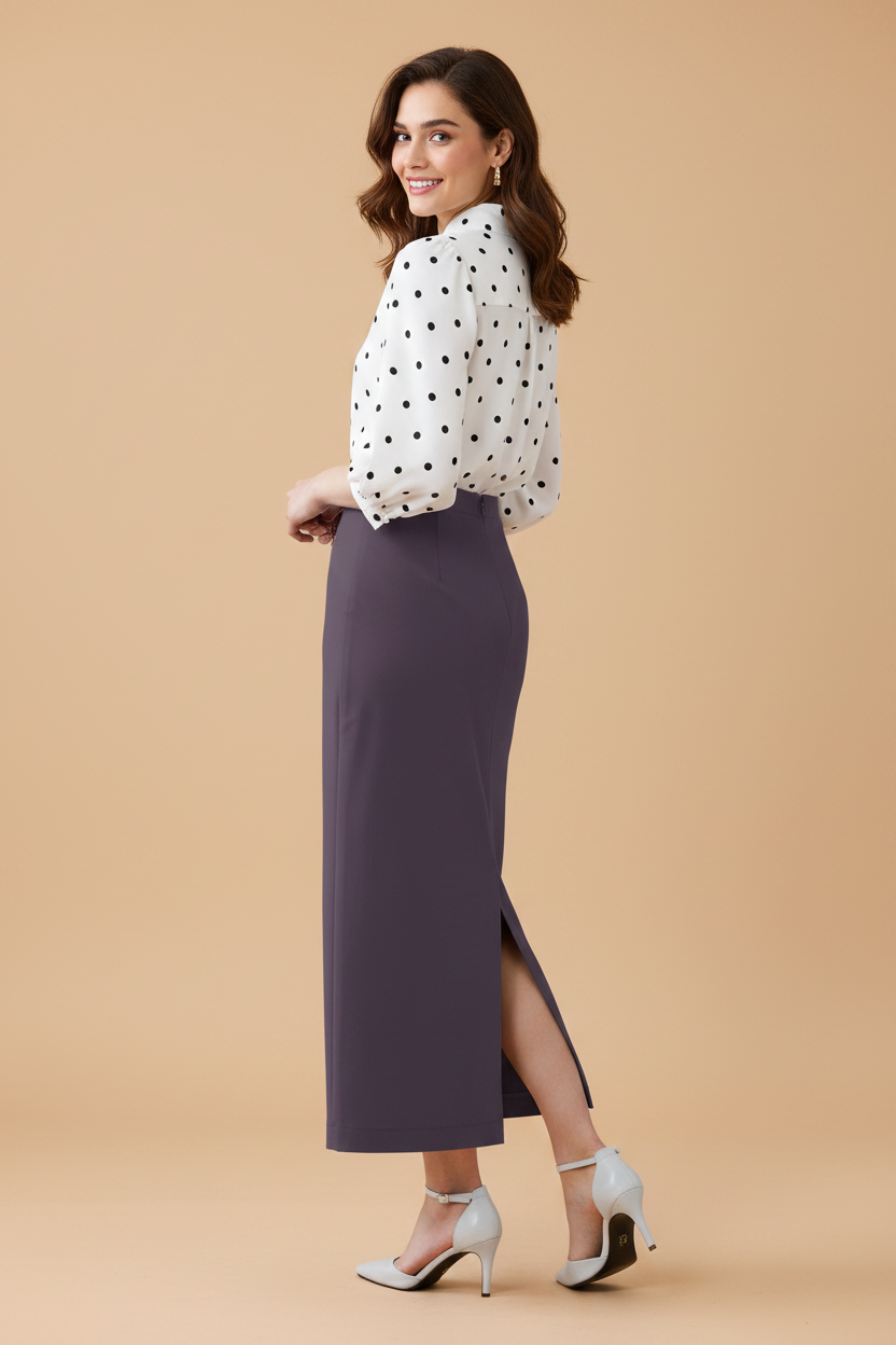 Navy Cosmos Color Ankle-Length Pencil Skirt with Side Slit