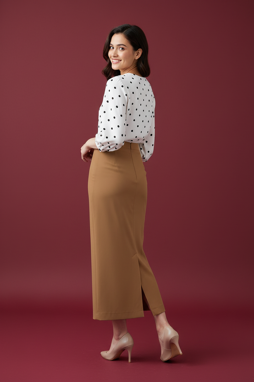 Amber Glow Color Ankle-Length Pencil Skirt with Side Slit