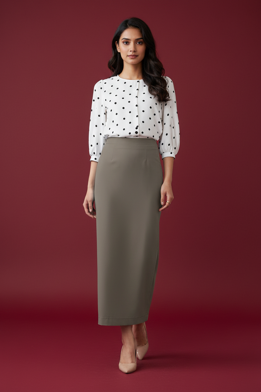 Roast Color Ankle-Length Pencil Skirt with Side Slit