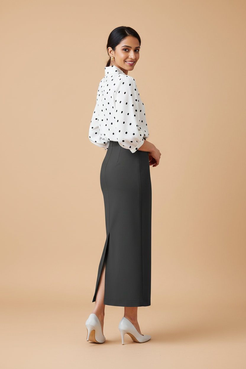 Brew Color Ankle-Length Pencil Skirt with Side Slit