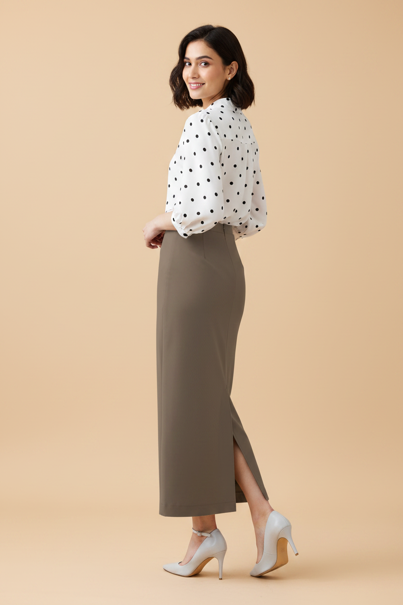 Chai Color Ankle-Length Pencil Skirt with Side Slit