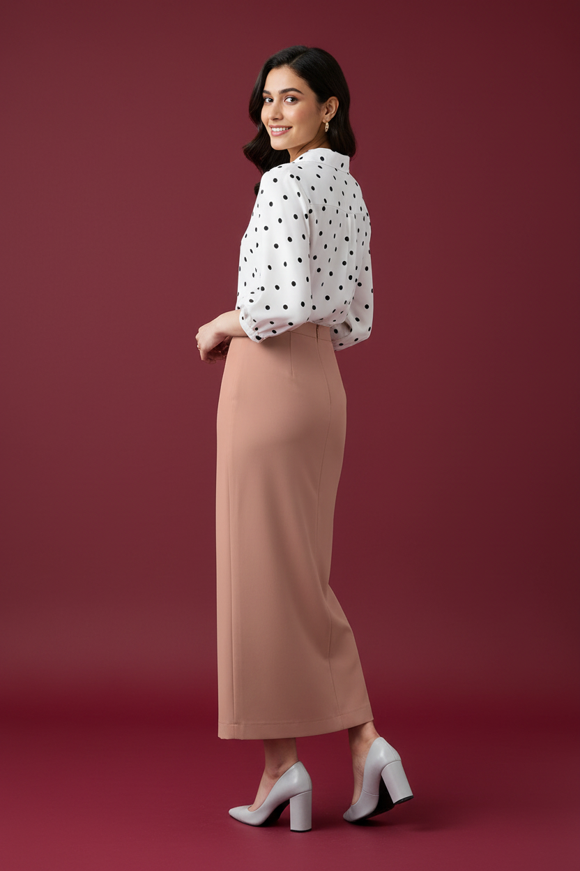 Melon Color Ankle-Length Pencil Skirt with Side Slit