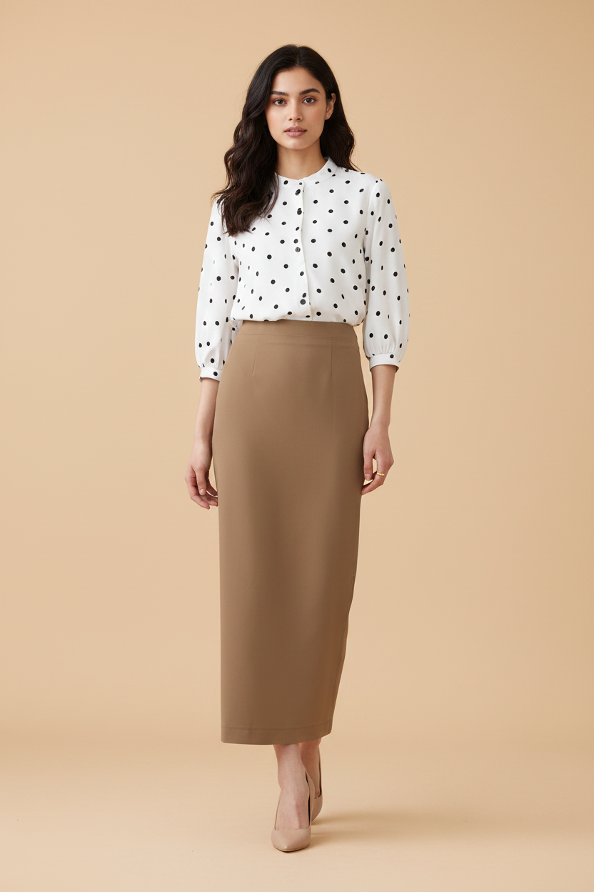 Tan Color Ankle-Length Pencil Skirt with Side Slit