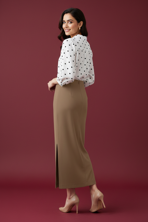 Brown Sugar Color Ankle-Length Pencil Skirt with Side Slit