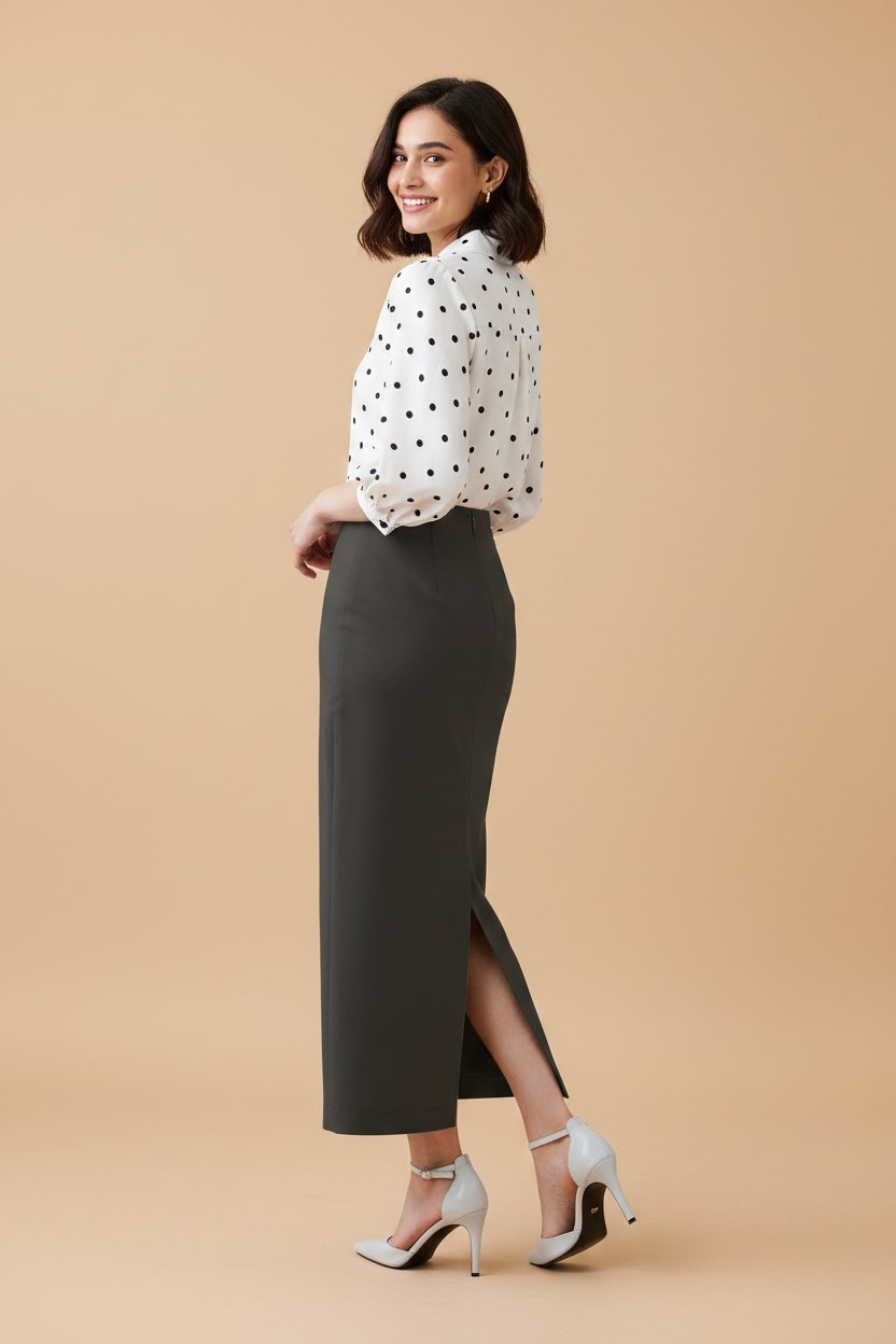 Noir Color Ankle-Length Pencil Skirt with Side Slit