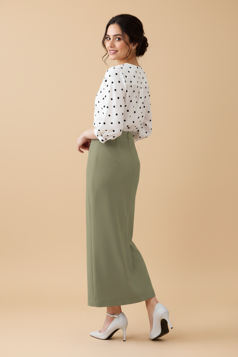 Moss Green Color Ankle-Length Pencil Skirt with Side Slit