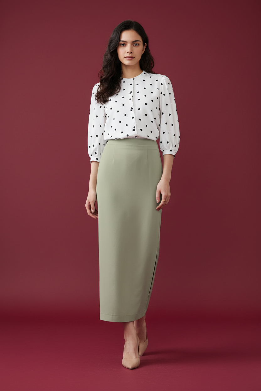 Sage Color Ankle-Length Pencil Skirt with Side Slit