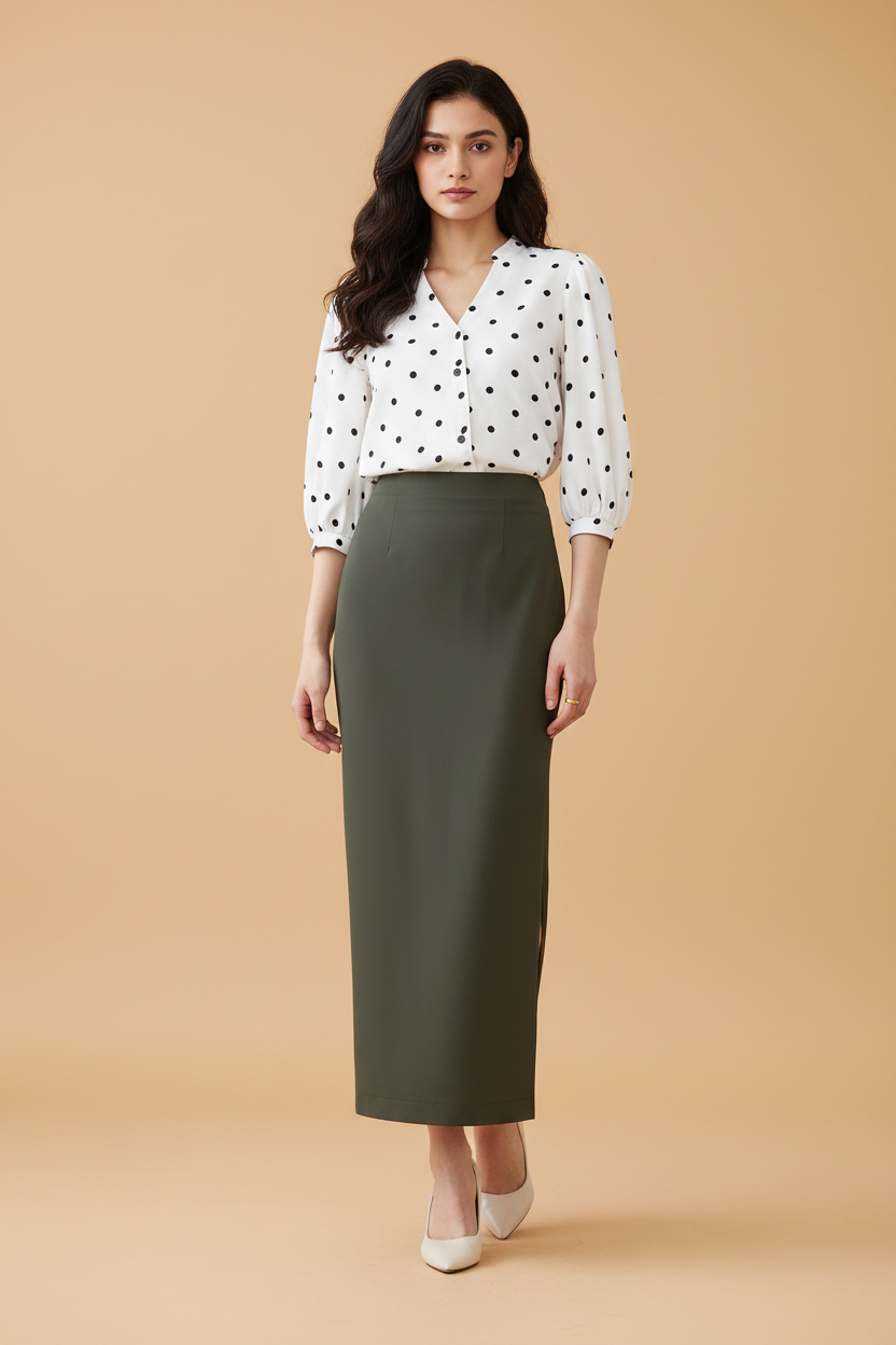 Fossil Color Ankle-Length Pencil Skirt with Side Slit