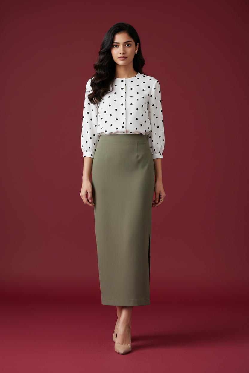 Khakhi Color Ankle-Length Pencil Skirt with Side Slit