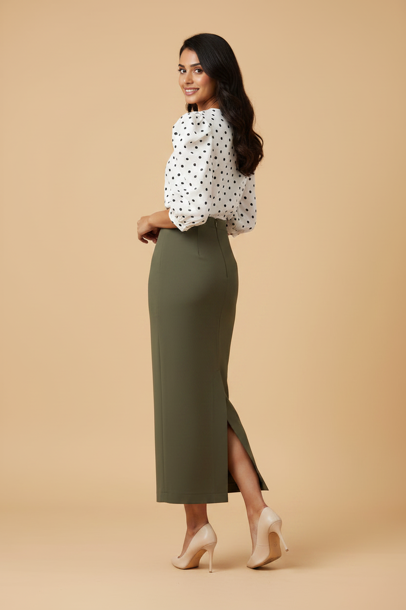 Pine Color Ankle-Length Pencil Skirt with Side Slit