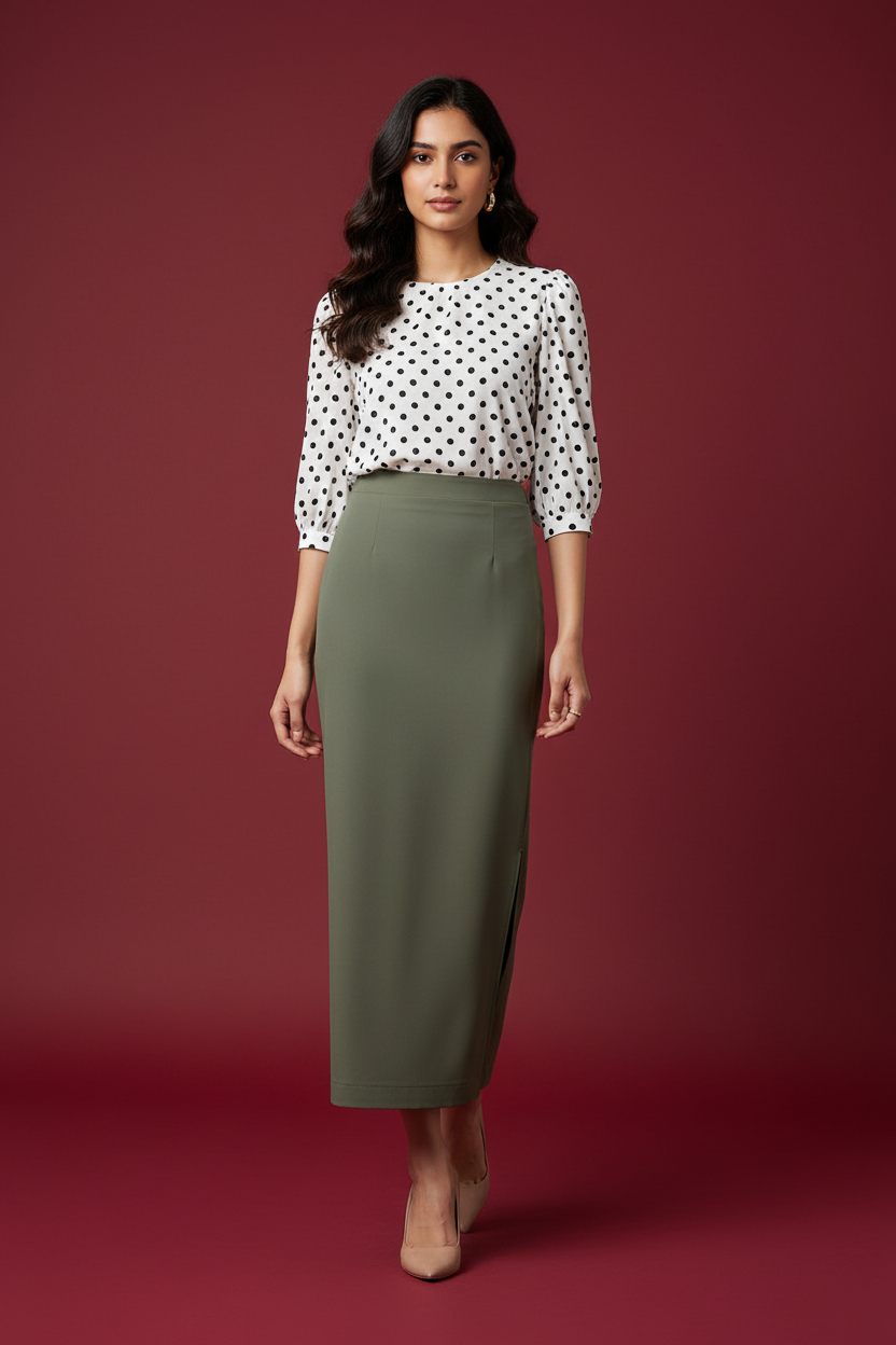 Juniper Color Ankle-Length Pencil Skirt with Side Slit