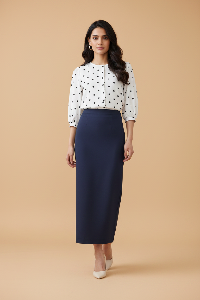 Maritime Blue Color Ankle-Length Pencil Skirt with Side Slit