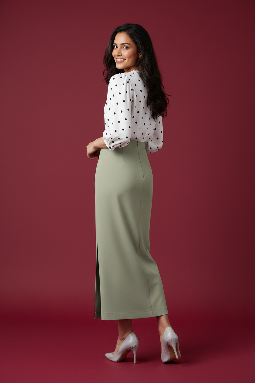 Sage Color Ankle-Length Pencil Skirt with Side Slit