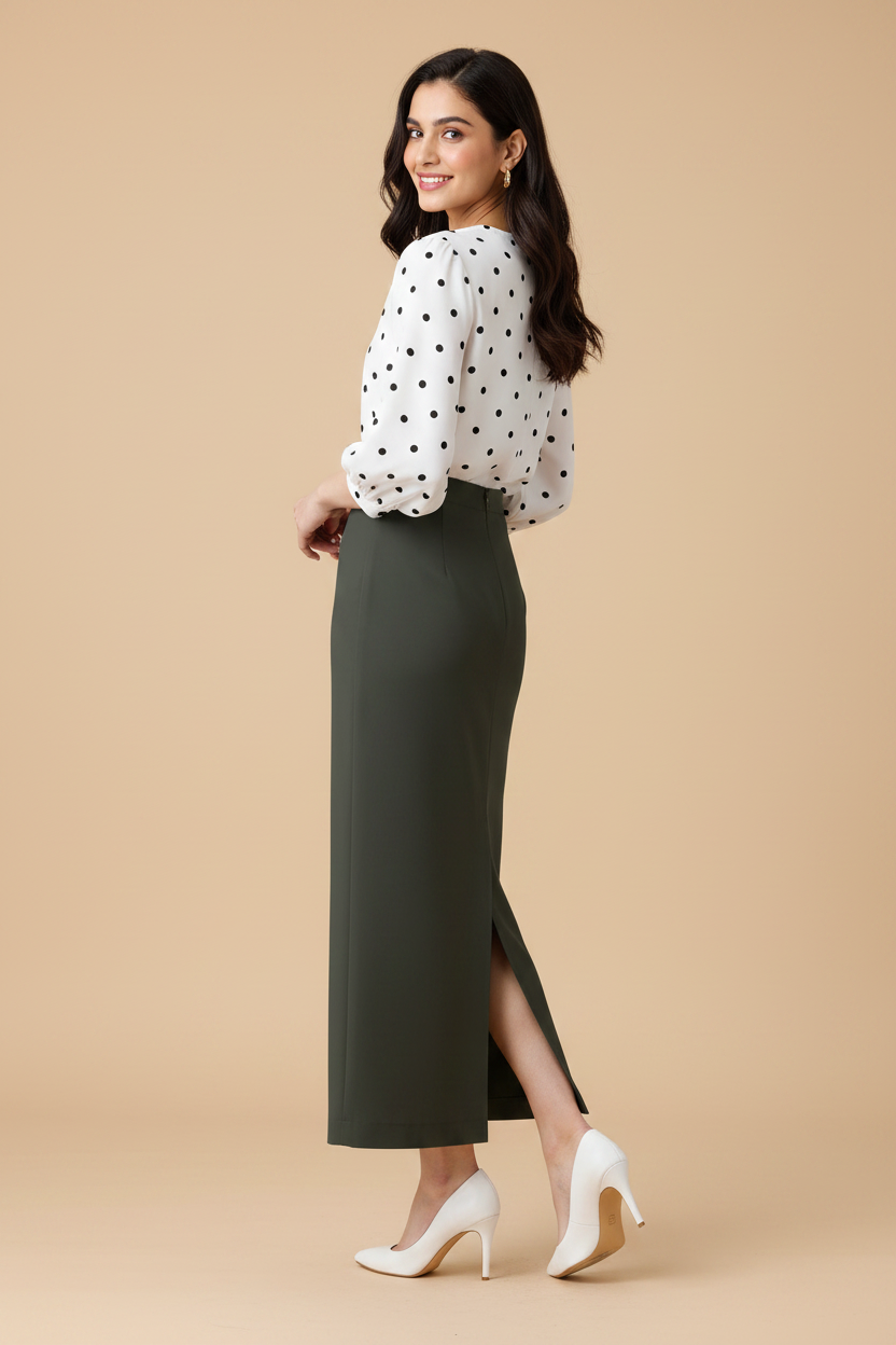 Fossil Color Ankle-Length Pencil Skirt with Side Slit