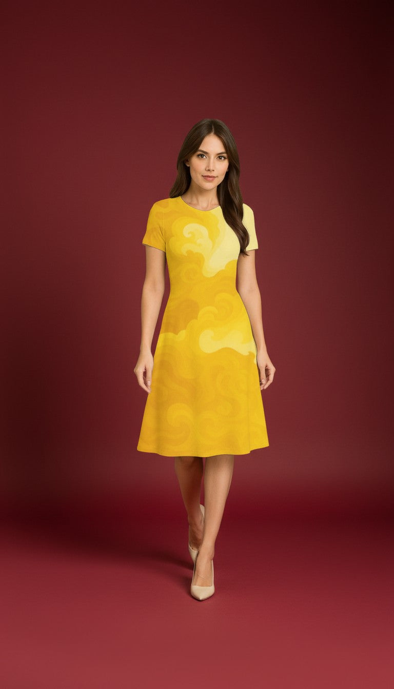 Yellow Water Flow Casual One Piece Dress Knee Length for Women