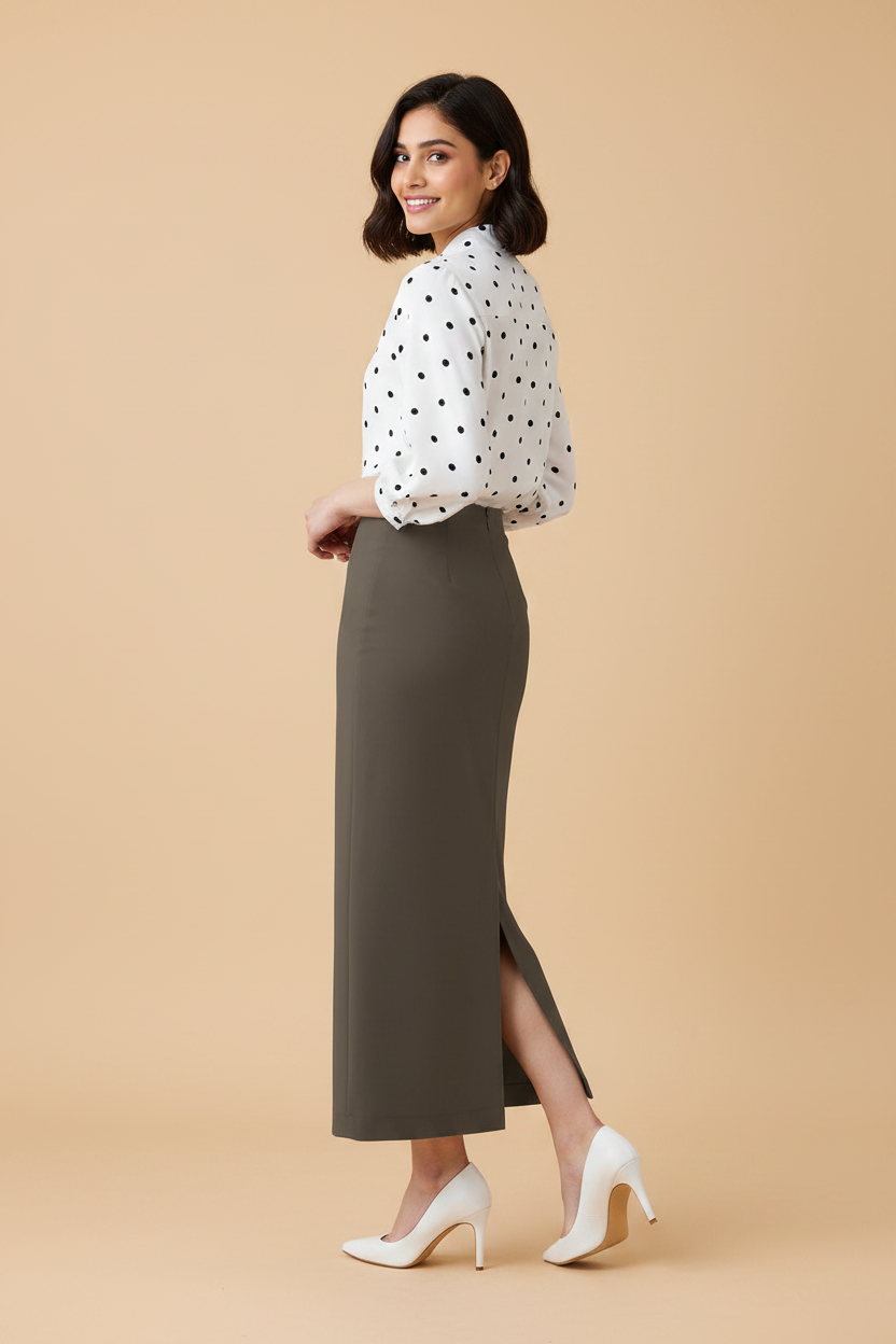 Mocca Color Ankle-Length Pencil Skirt with Side Slit