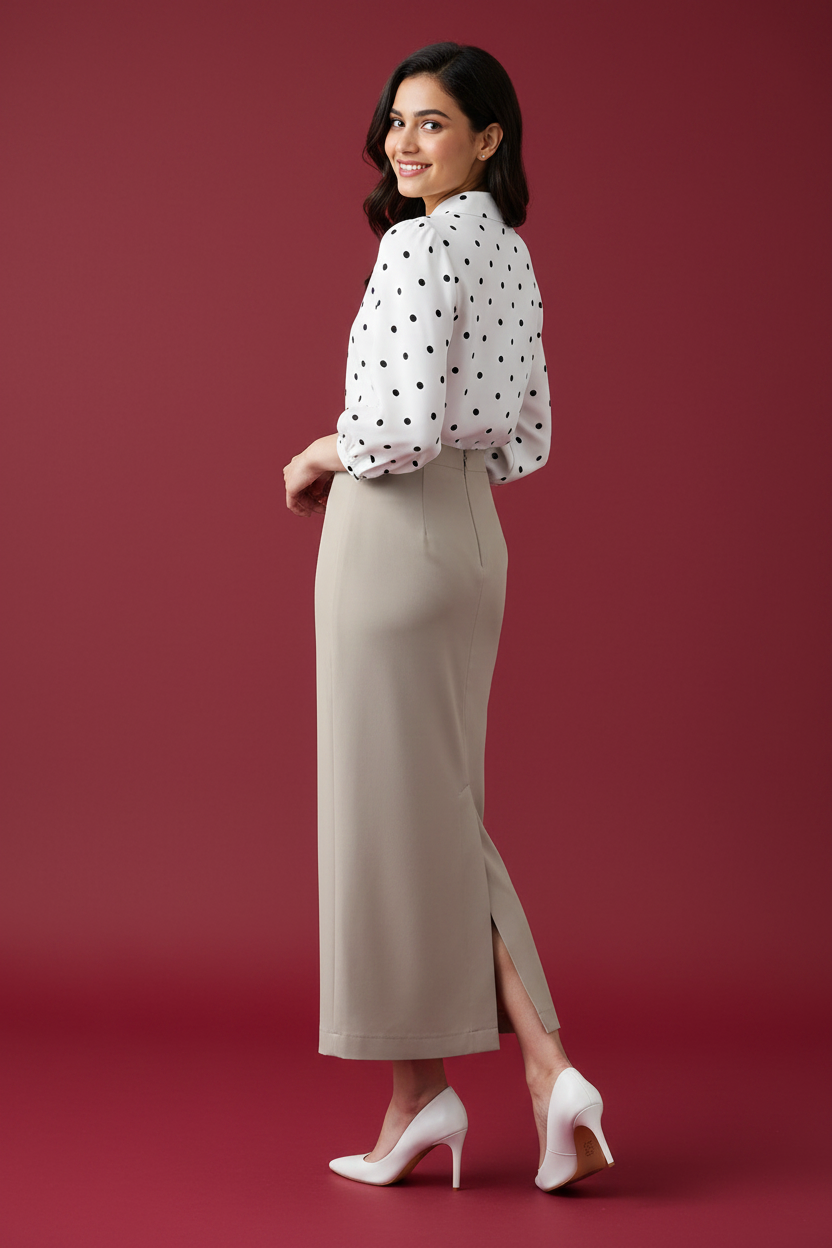 Timberwolf Color Ankle-Length Pencil Skirt with Side Slit
