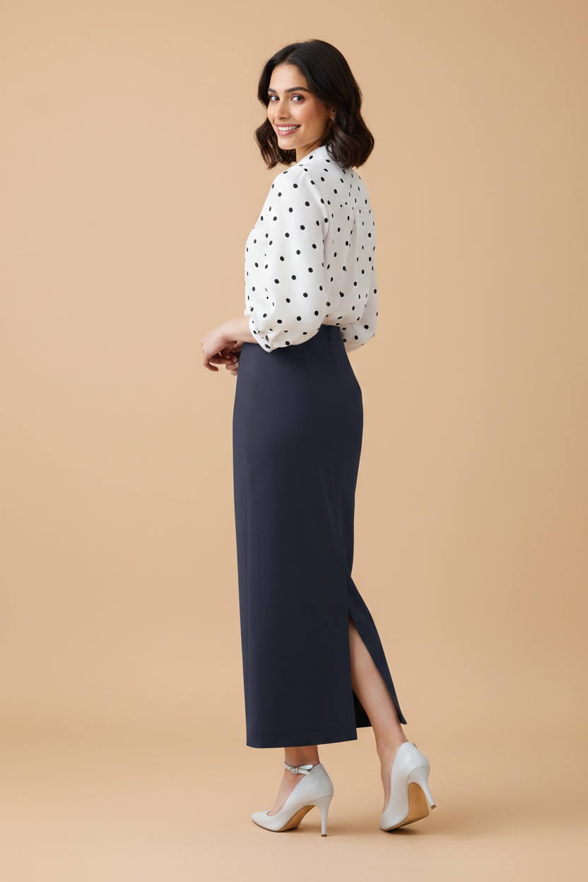 Maritime Blue Color Ankle-Length Pencil Skirt with Side Slit