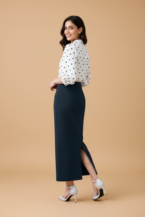 Black Pearl Color Ankle-Length Pencil Skirt with Side Slit