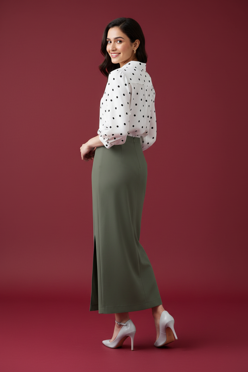 Juniper Color Ankle-Length Pencil Skirt with Side Slit