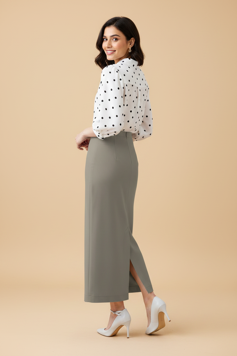 Moonstone Color Ankle-Length Pencil Skirt with Side Slit
