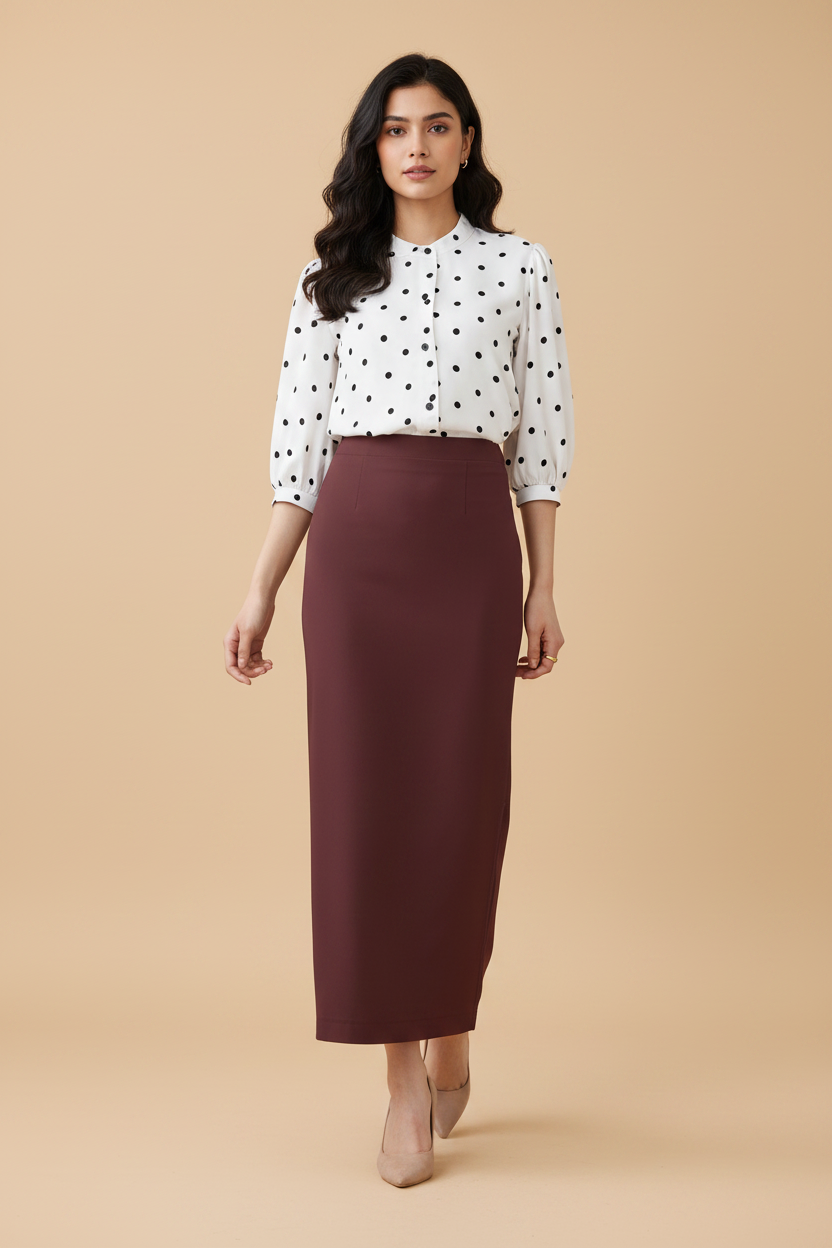 Wine Berry Color Ankle-Length Pencil Skirt with Side Slit