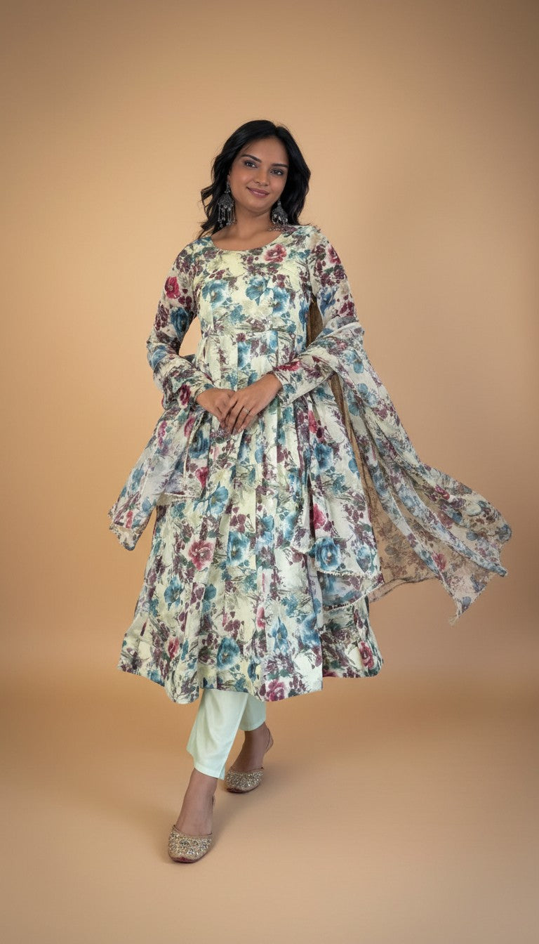 Snuggle Spot Organza Floral Printed Anarkali Kurti