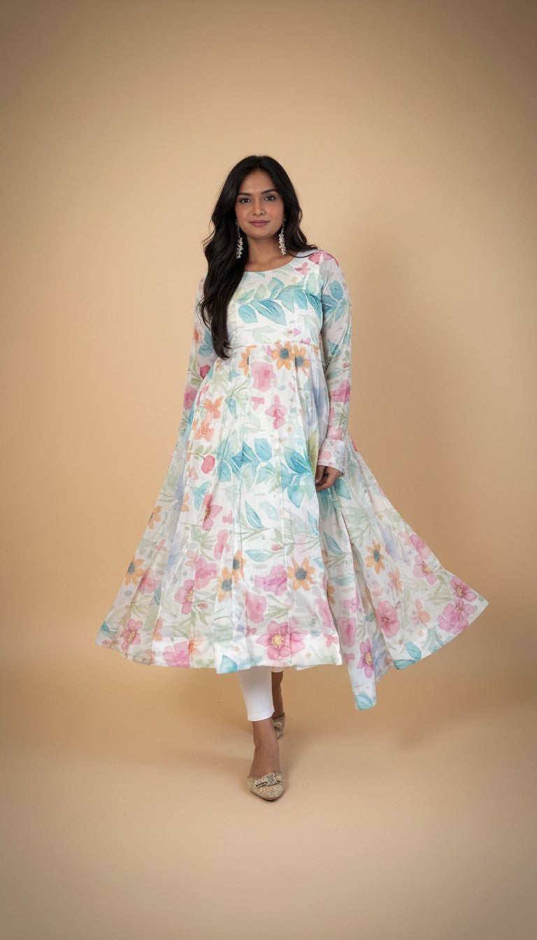 Snuggle Spot Organza Floral Printed Anarkali Kurti 3 Piece