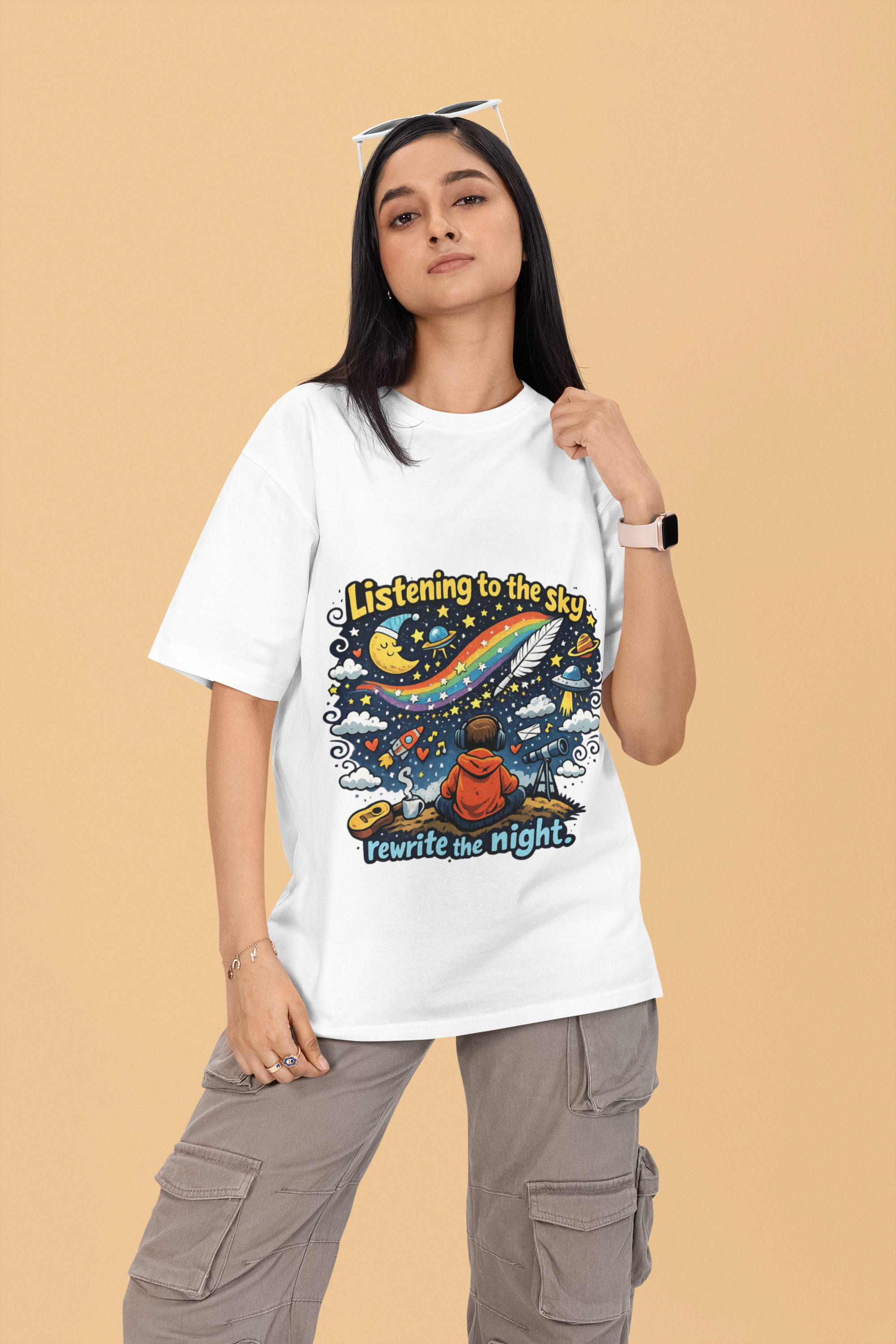 Snuggle Spot Listening to the sky rewrite the night Mixed Shade Unisex Oversized T-Shirt
