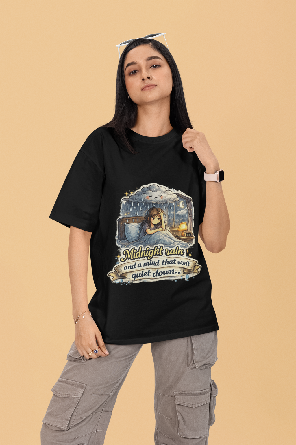 Snuggle Spot Midnight Rain and a mind that wont quite down Mixed Shade Unisex Oversized T-shirt