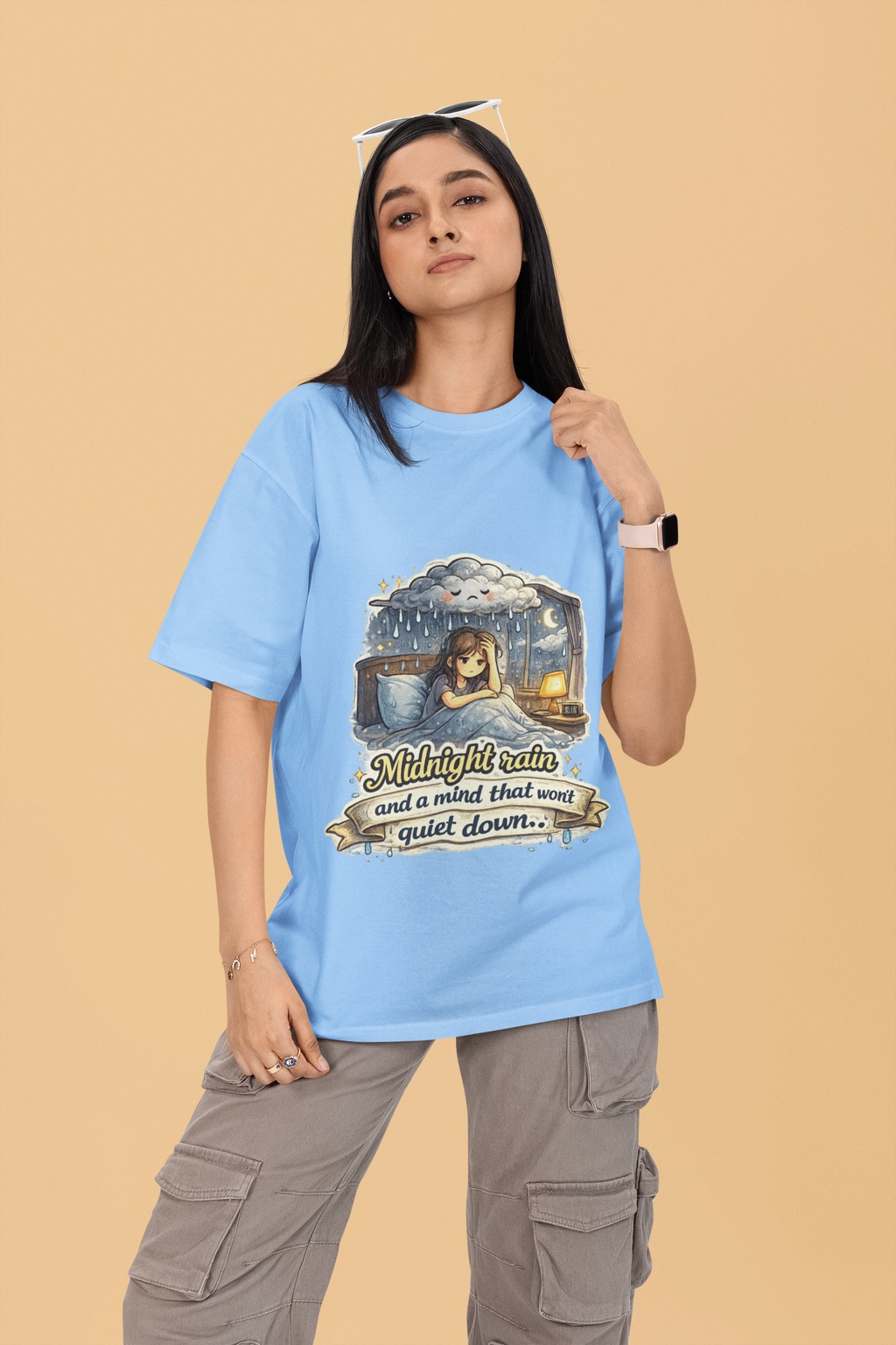 Snuggle Spot Midnight Rain and a mind that wont quite down Mixed Shade Unisex Oversized T-shirt