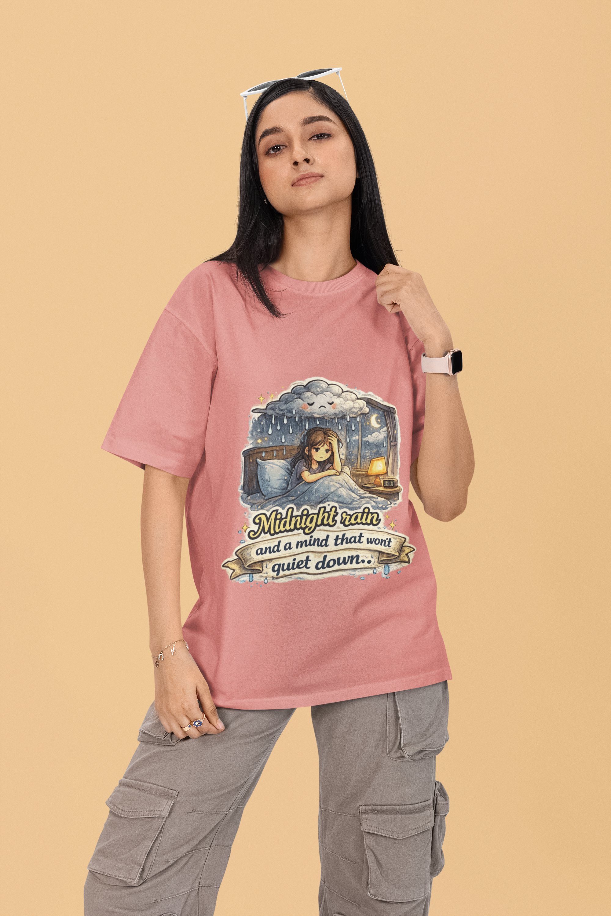 Snuggle Spot Midnight Rain and a mind that wont quite down Mixed Shade Unisex Oversized T-shirt