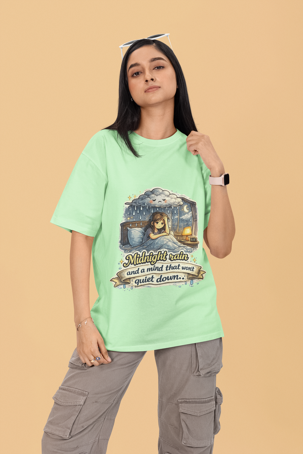 Snuggle Spot Midnight Rain and a mind that wont quite down Mixed Shade Unisex Oversized T-shirt