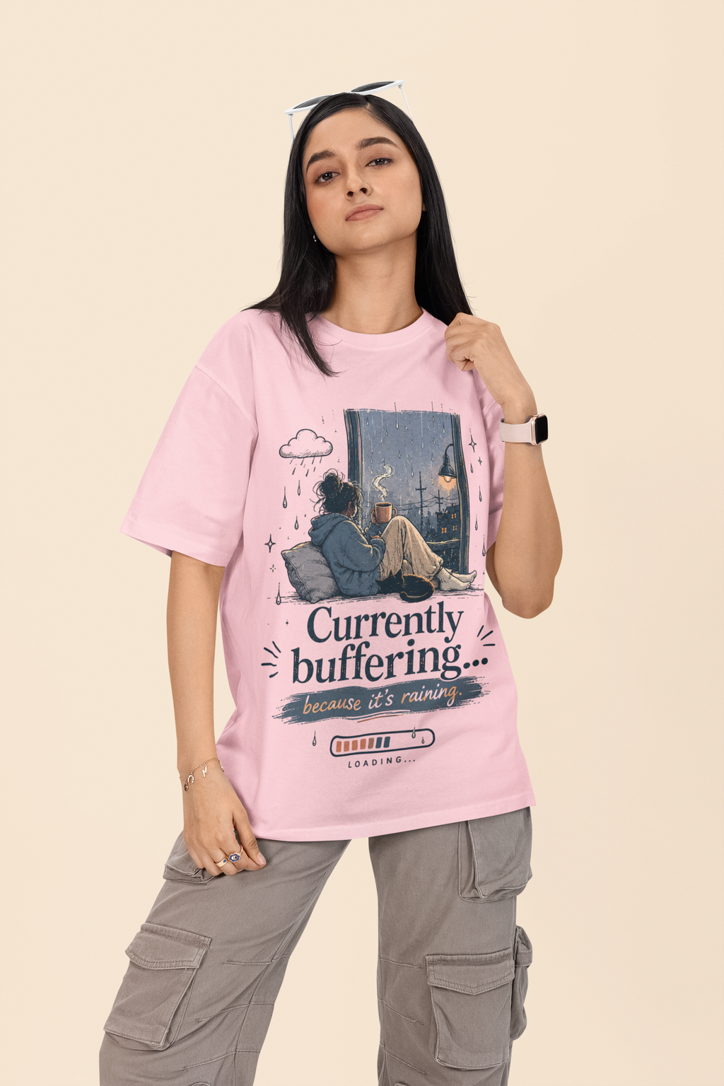 Snuggle Spot Currently Buffering Because its Raining Lighter Shade Unisex Oversized T-Shirt