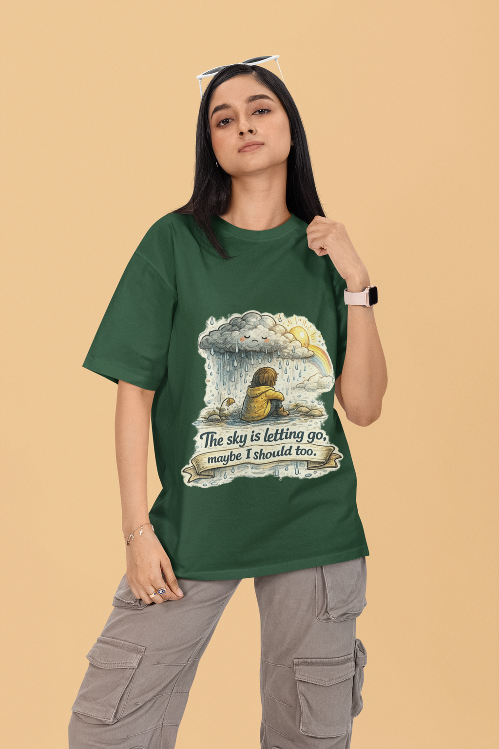 Snuggle Spot Heavy Rain Heavier Thoughts Mixed Shade Unisex Terry Oversized T-Shirt
