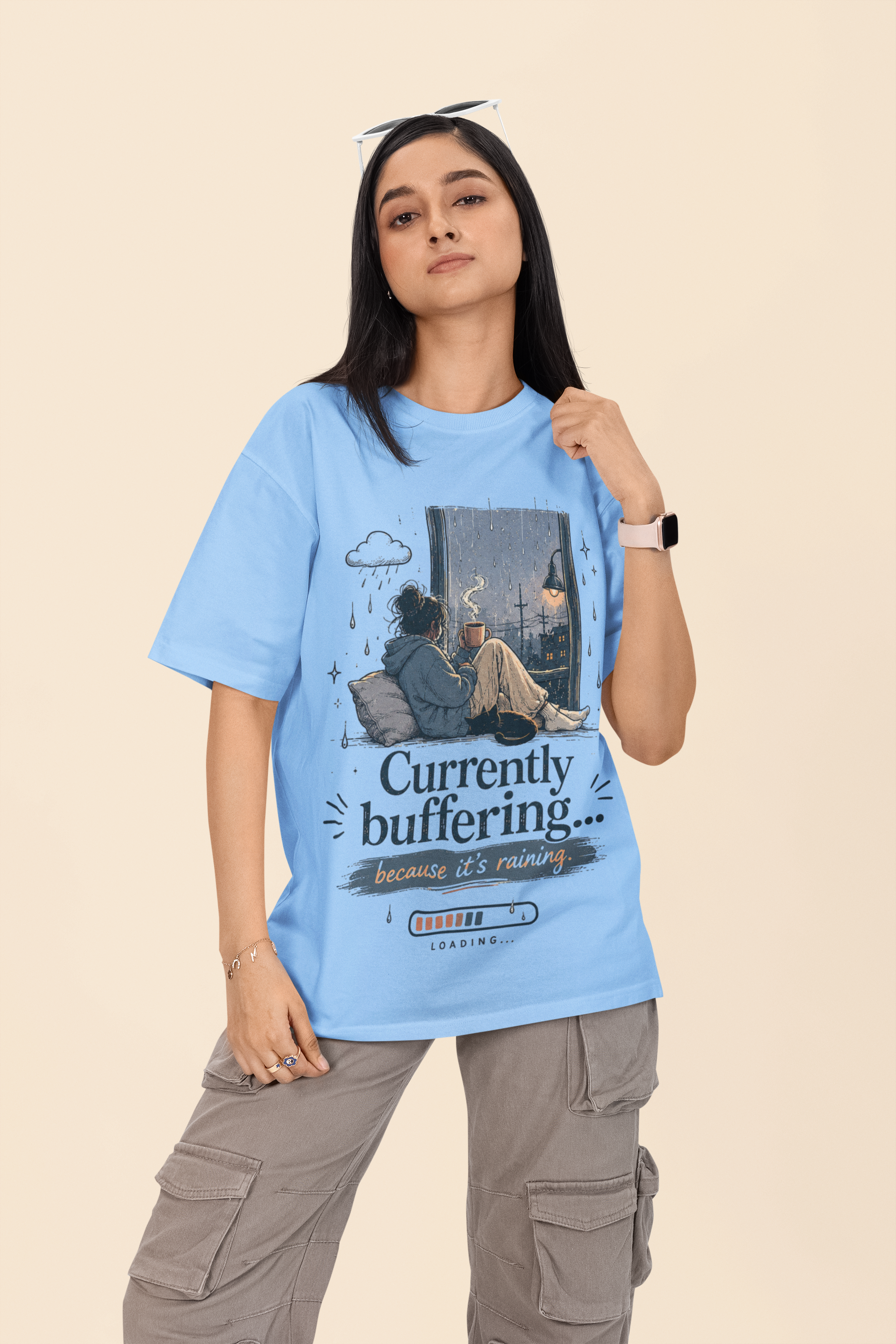 Snuggle Spot Currently Buffering Because its Raining Lighter Shade Unisex Oversized T-Shirt