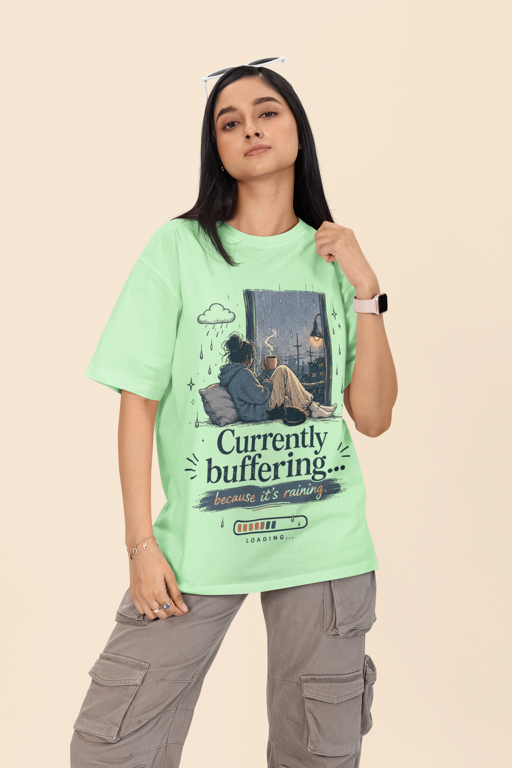 Snuggle Spot Currently Buffering Because its Raining Lighter Shade Unisex Oversized T-Shirt