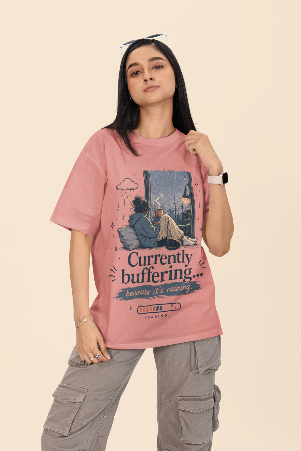 Snuggle Spot Currently Buffering Because its Raining Lighter Shade Unisex Oversized T-Shirt