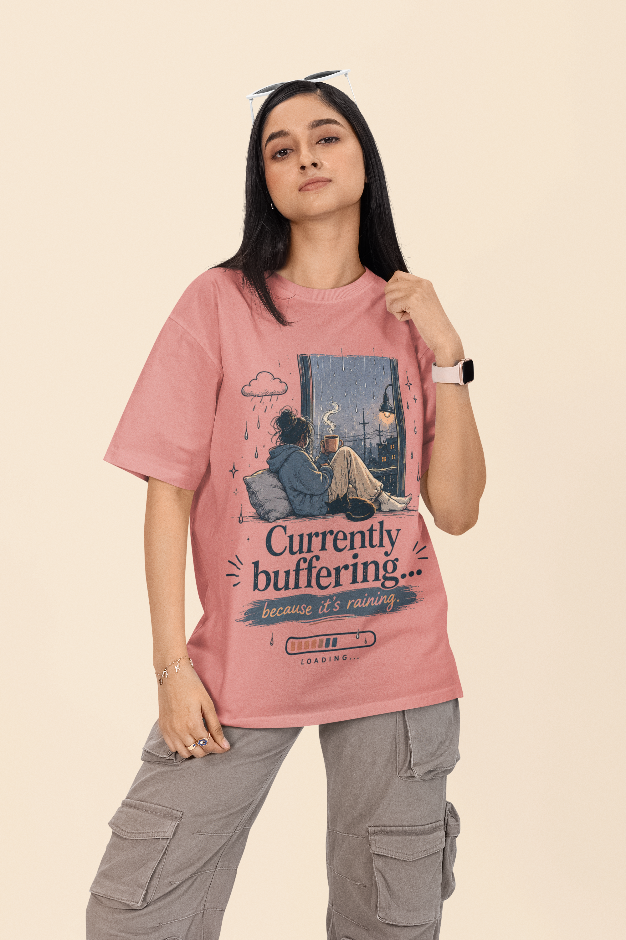 Snuggle Spot Currently Buffering Because its Raining Lighter Shade Unisex Oversized T-Shirt