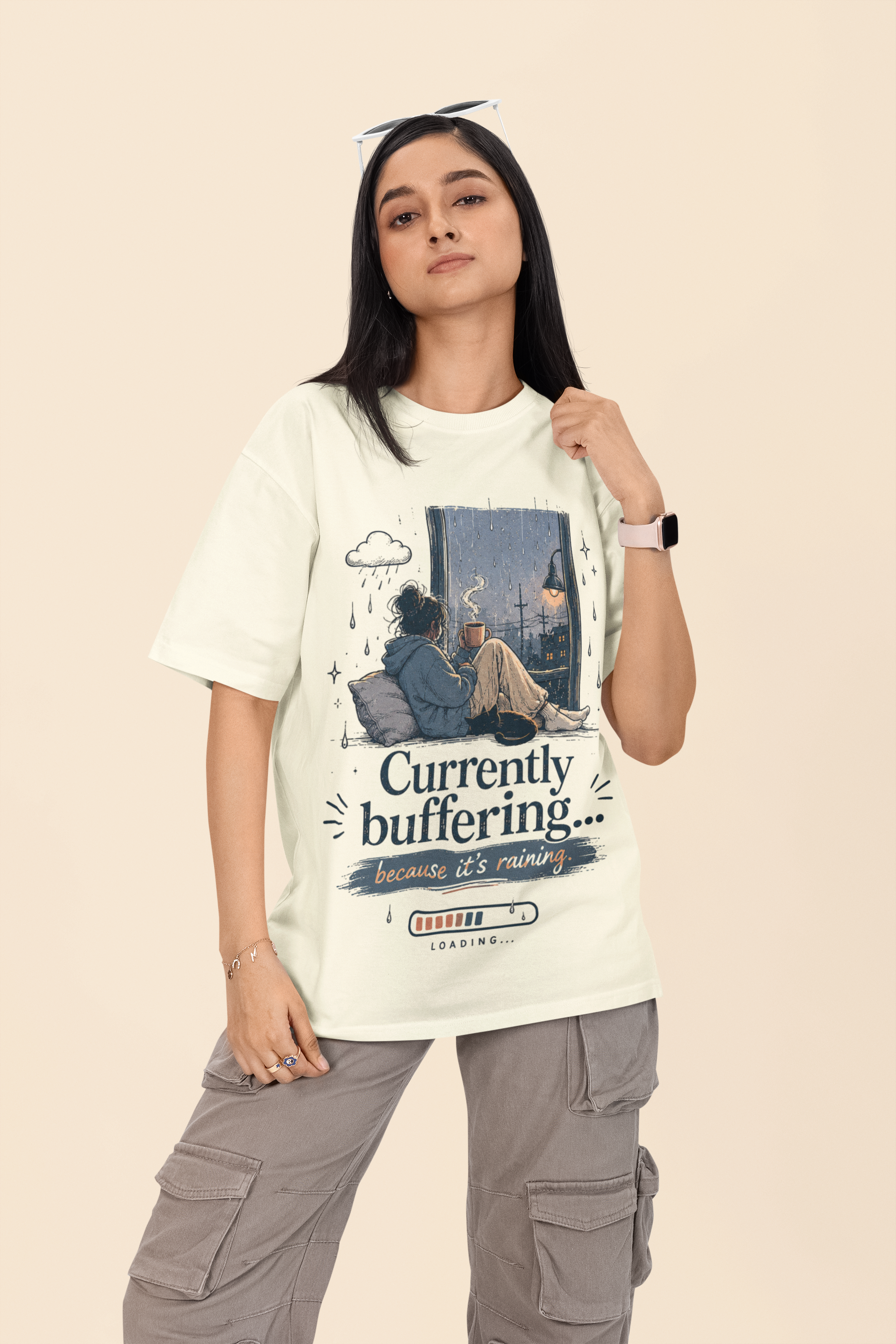 Snuggle Spot Currently Buffering Because its Raining Lighter Shade Unisex Oversized T-Shirt