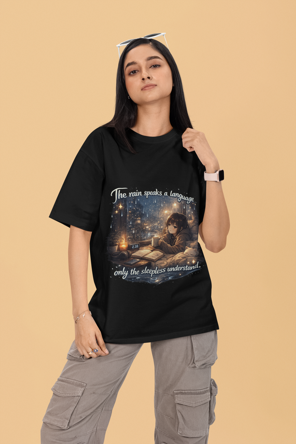 Snuggle Spot The Rain speaks a language Darker Shade Unisex Oversized T-Shirt