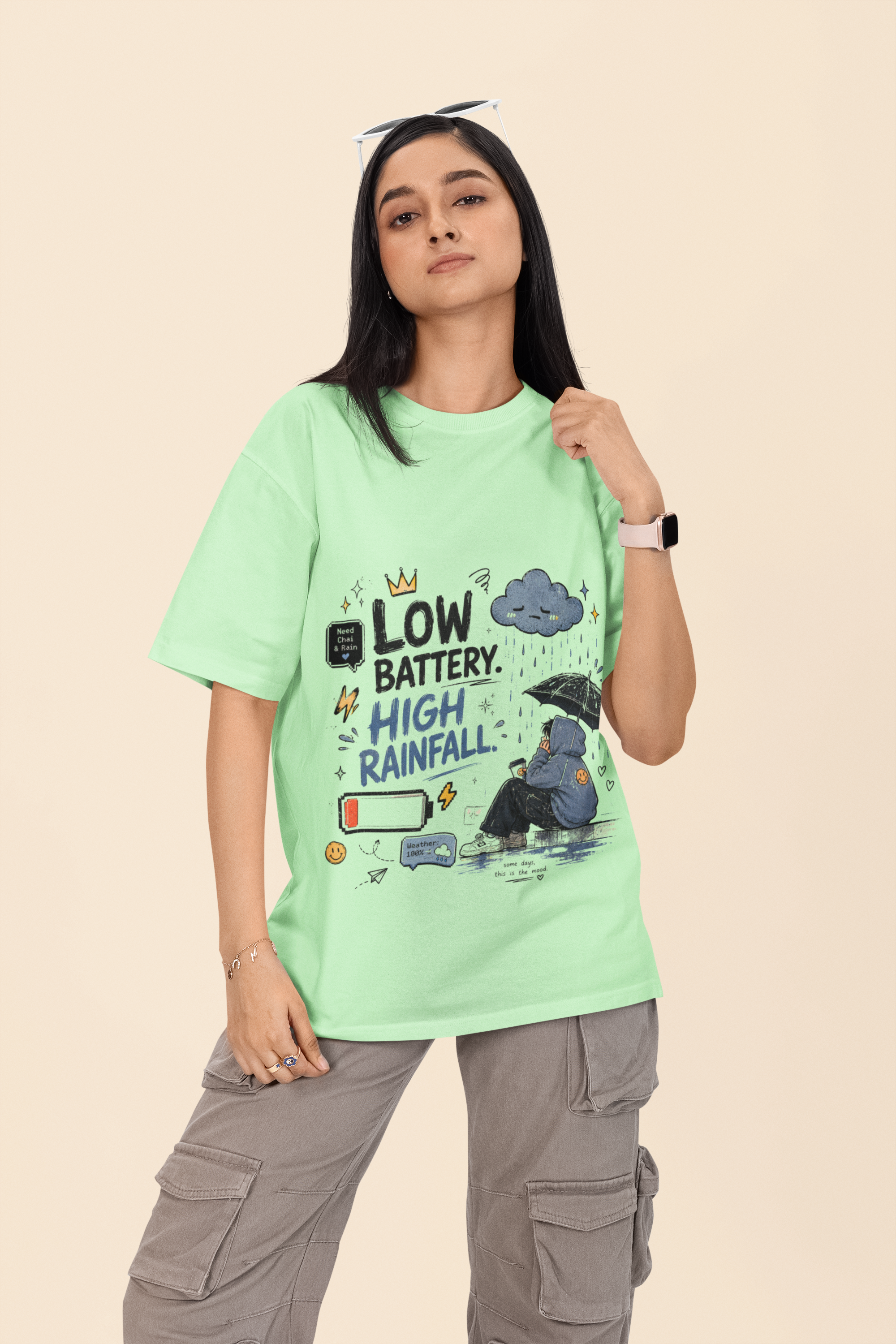 Snuggle Spot Low Battery High Rainfall Mixed Shade Unisex Oversized T-shirt