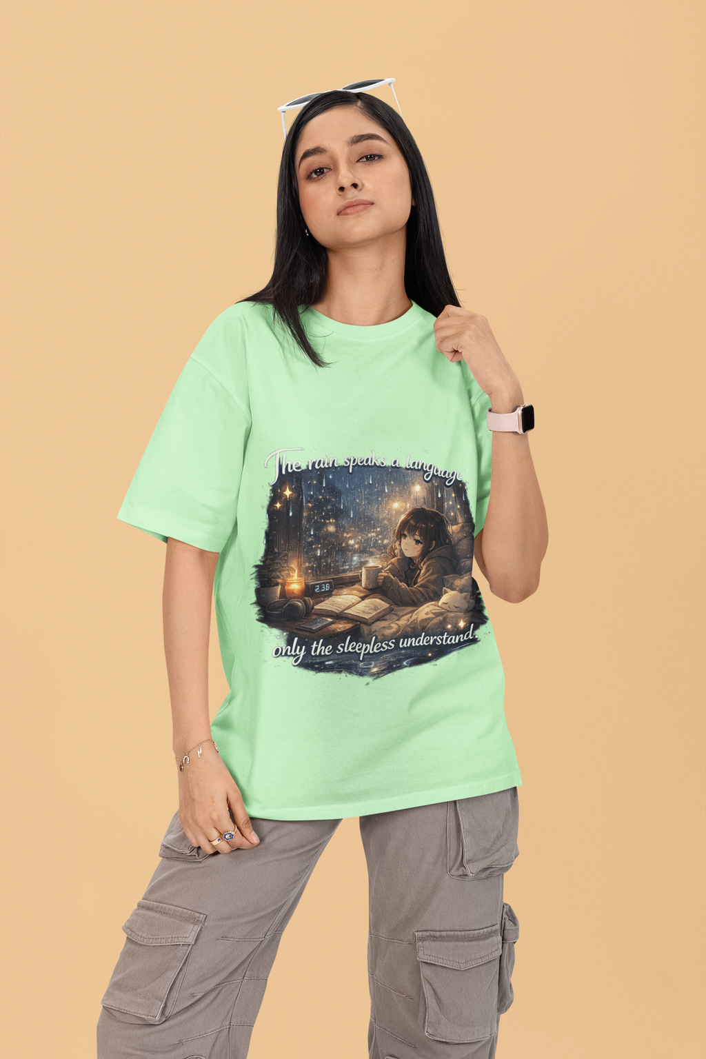 Snuggle Spot The Rain speaks a language Darker Shade Unisex Oversized T-Shirt