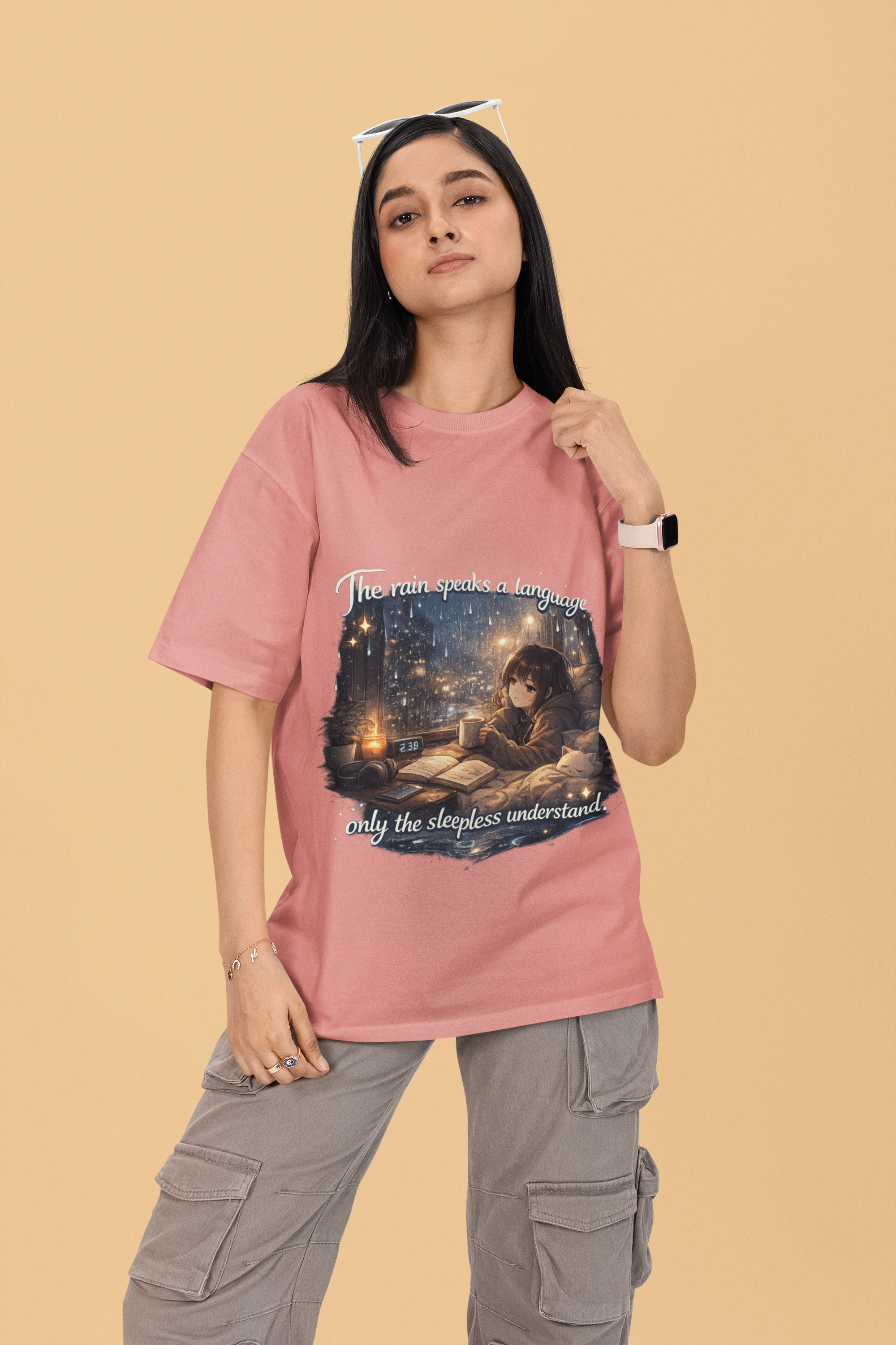 Snuggle Spot The Rain speaks a language Darker Shade Unisex Oversized T-Shirt