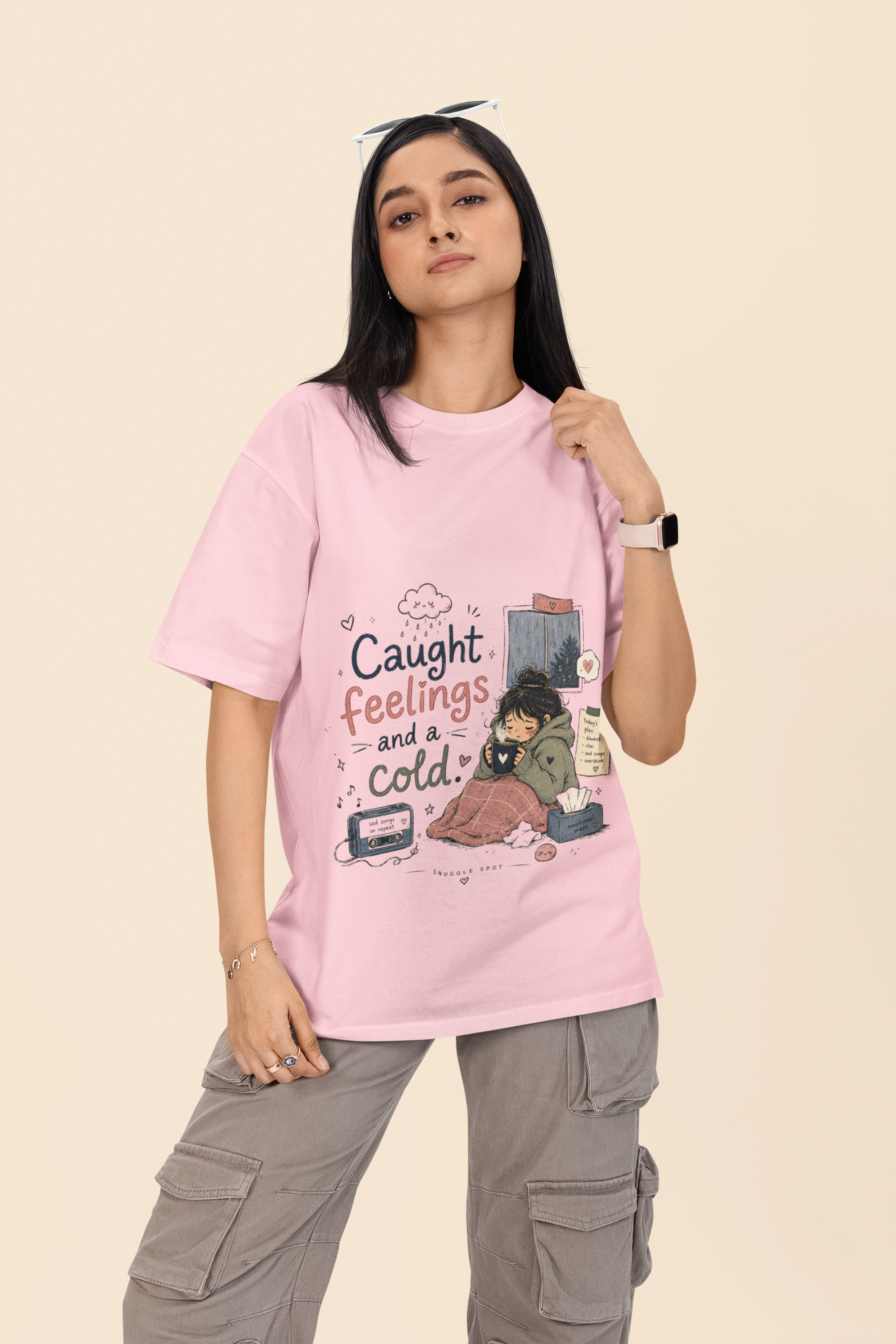 Snuggle Spot Caught Feelings and a Cold Lighter Shade Unisex Oversized T-Shirt