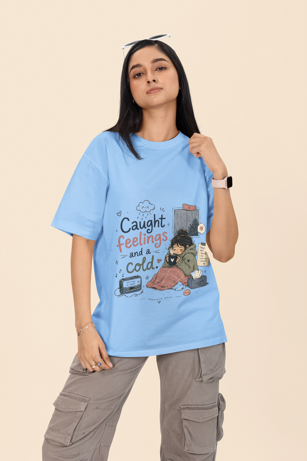 Snuggle Spot Caught Feelings and a Cold Lighter Shade Unisex Oversized T-Shirt