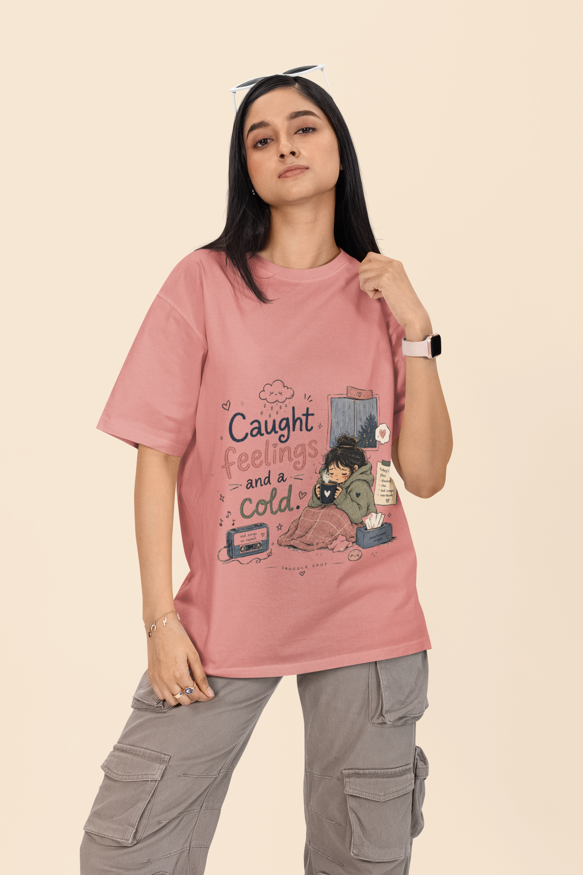 Snuggle Spot Caught Feelings and a Cold Lighter Shade Unisex Oversized T-Shirt