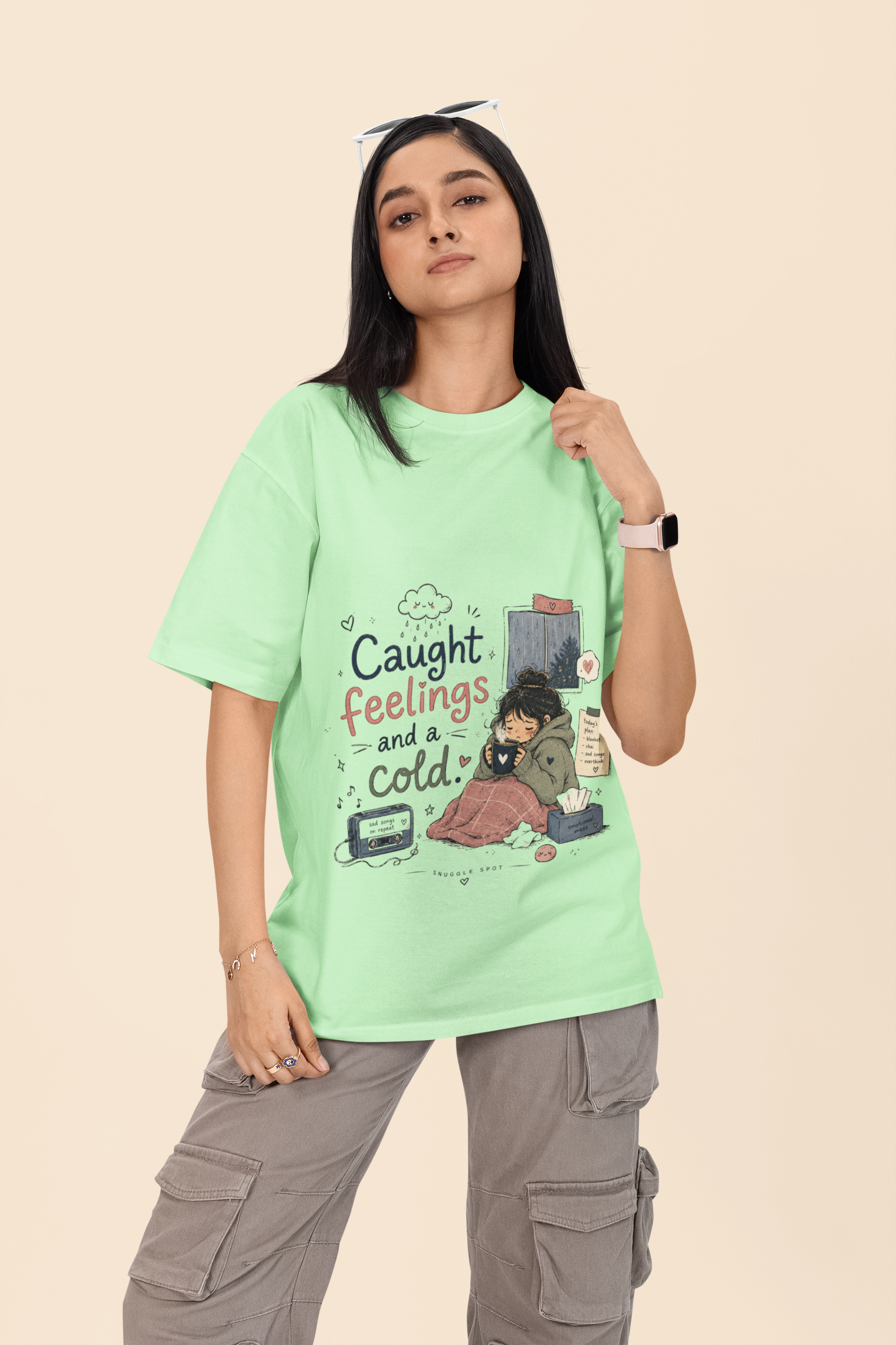Snuggle Spot Caught Feelings and a Cold Lighter Shade Unisex Oversized T-Shirt