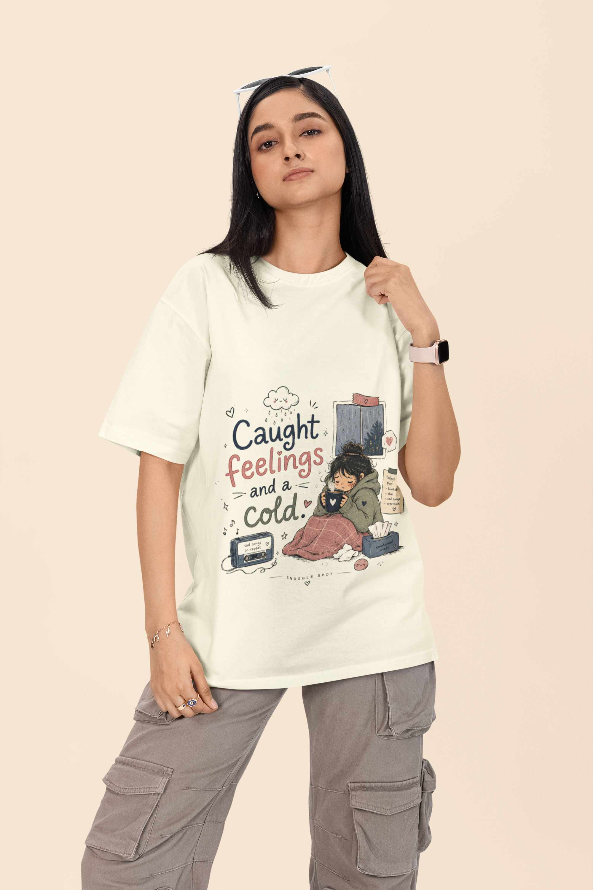 Snuggle Spot Caught Feelings and a Cold Lighter Shade Unisex Oversized T-Shirt